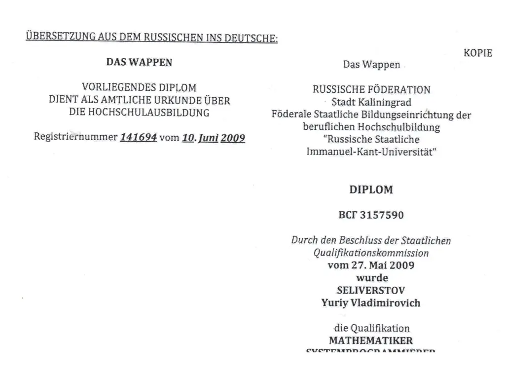 Yuryi Seliverstov Translation of diploma into German